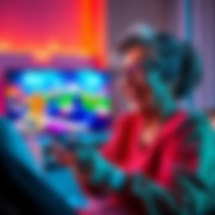 A 53-year-old woman playing FC5 on her gaming console with a joyful expression, showcasing the game's vibrant graphics on the screen.