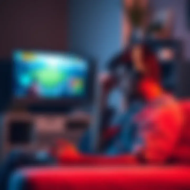 A gamer sitting on a couch, holding their head in discomfort, with a game controller in hand and a TV displaying a video game in the background.