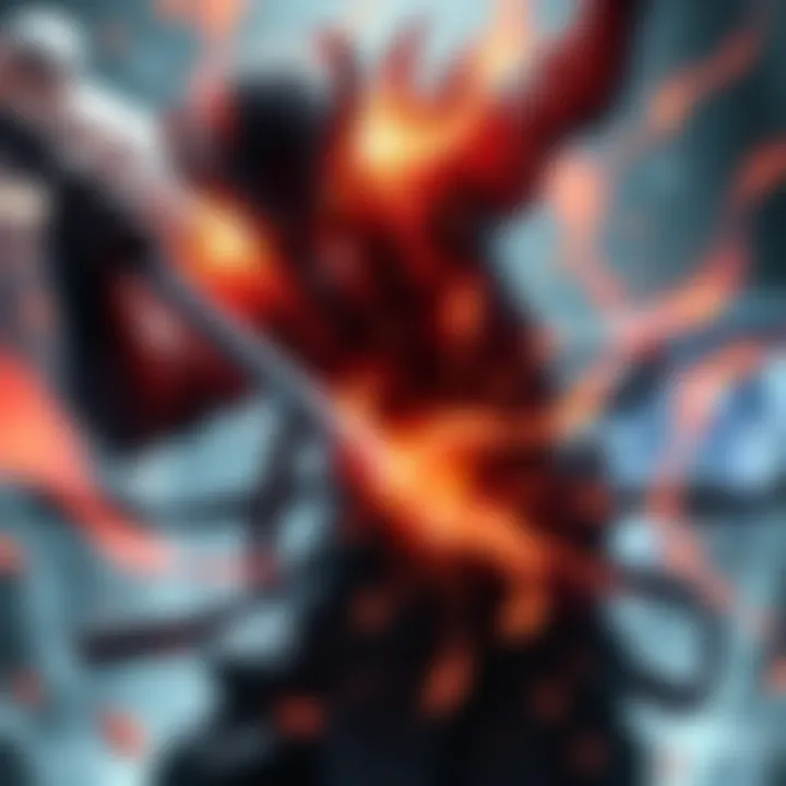 A player battling the character Kunimatsu in a video game, showing intense action with special effects around them.