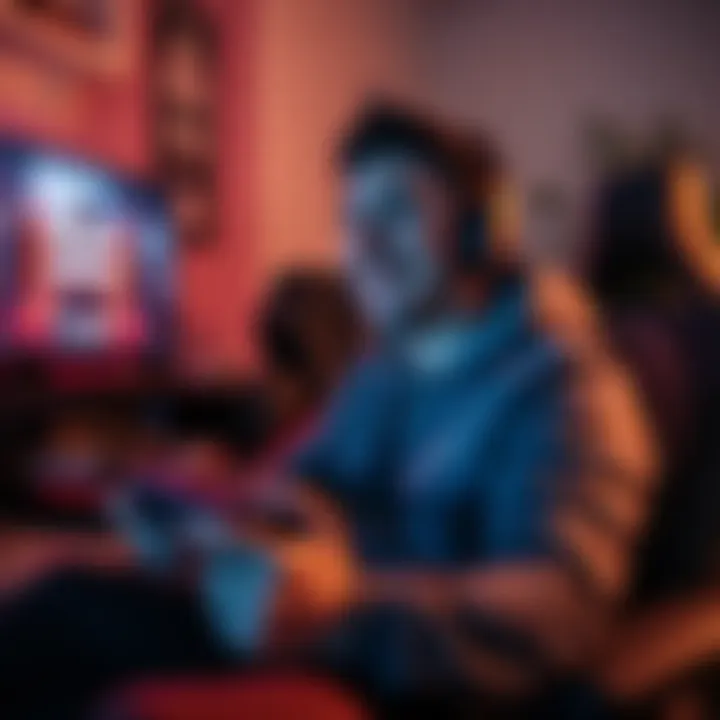 A long-time gamer with a controller in hand, looking thrilled as they prepare to play their first Fromsoft game, surrounded by gaming gear and a screen showing the game's title.