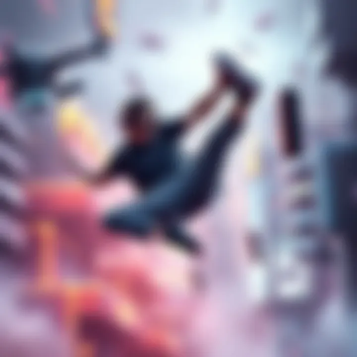 A gamer performing a flip reset in a dynamic gaming environment, showcasing impressive aerial skills while playing a competitive match.