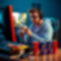 A gamer sitting at a desk with a gaming setup, holding a cup of coffee while concentrating on the screen, surrounded by energy drink cans and snacks.