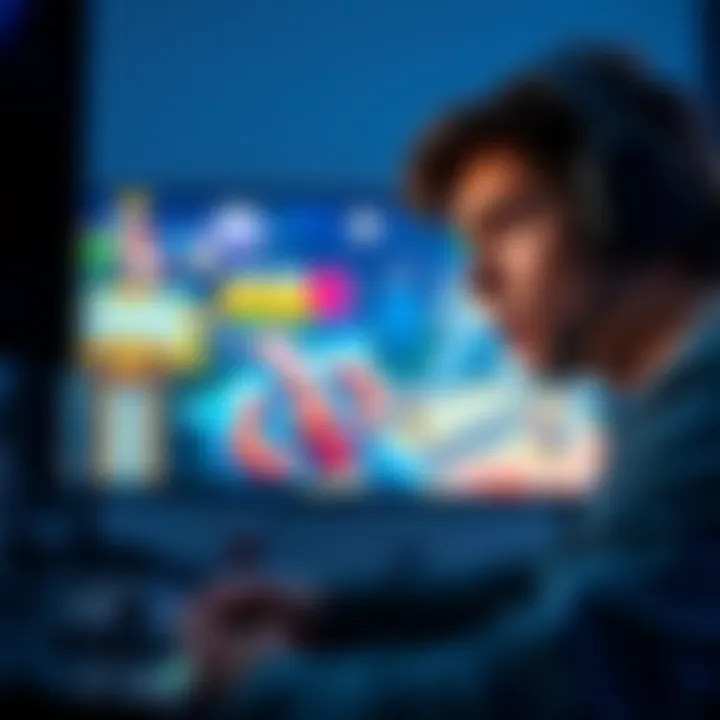 A focused gamer playing a video game, showing intense emotions in their face, with a controller in hand and a lively game scene on the screen behind them.