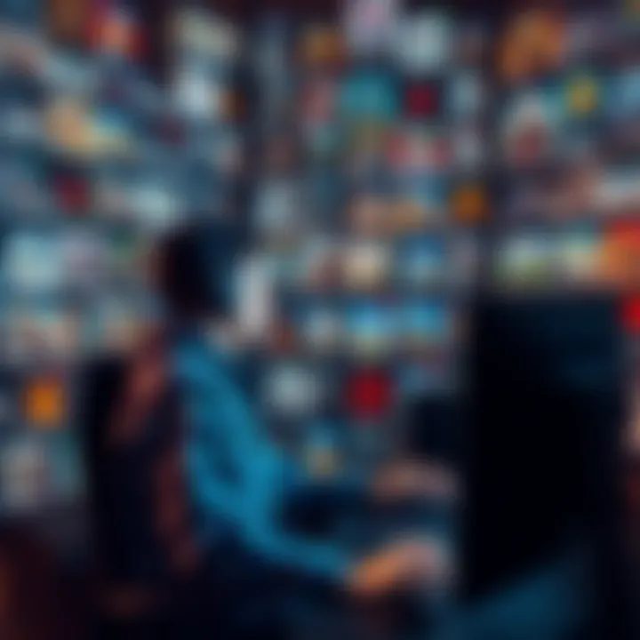 A person playing a video game on a computer with multiple game boxes in the background, showing a vast library but only engaging with one title.