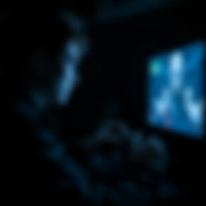 A focused gamer intensely plays an online game, gripping a controller while a screen shows an action-packed scene. Shadows create a tense atmosphere.