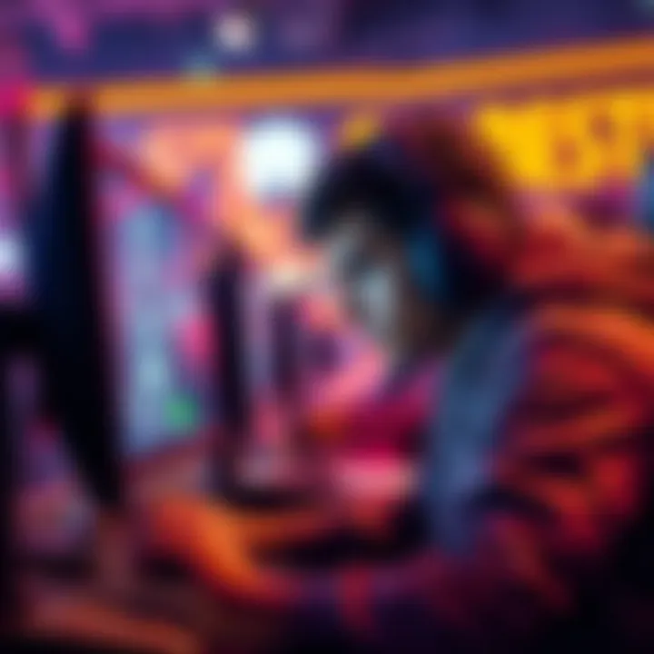 Gamer Focused on Screen A determined gamer intensely focused on their screen, showcasing their skills in a competitive game environment.