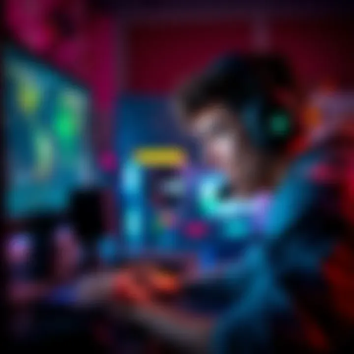 Gamer intensely playing video games on a computer screen, showing fatigue and excitement after a long session