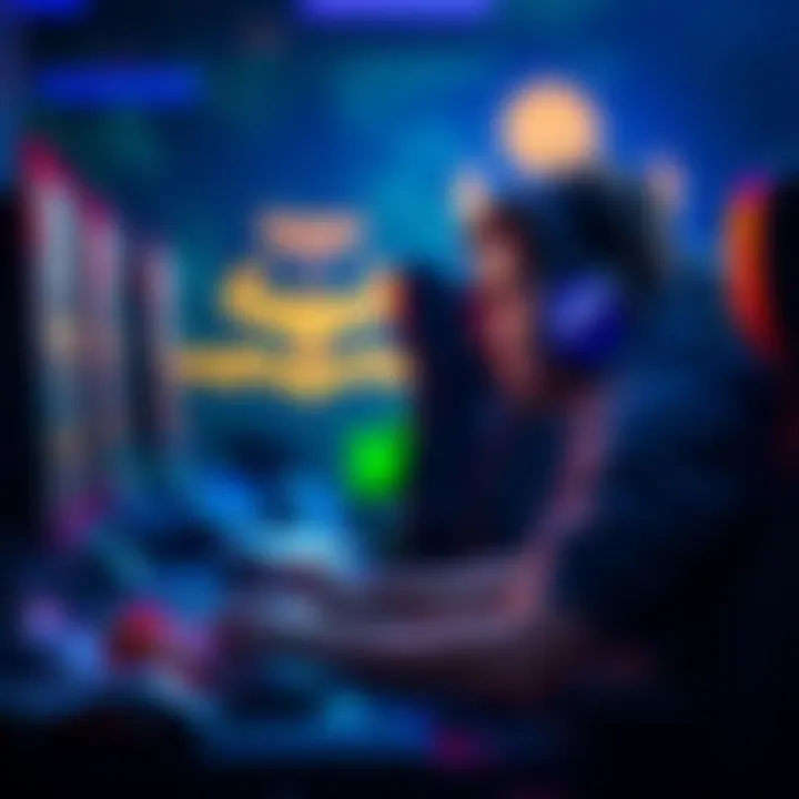 Gamer Focused on Winning A gamer intensely playing a video game, focused on the screen with a controller in hand, surrounded by gaming gear and snacks, aiming for high performance.