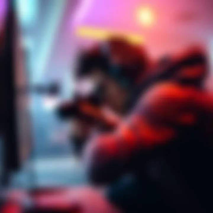 A gamer in a focused stance, dodging attacks in a video game, demonstrating panic rolling techniques.