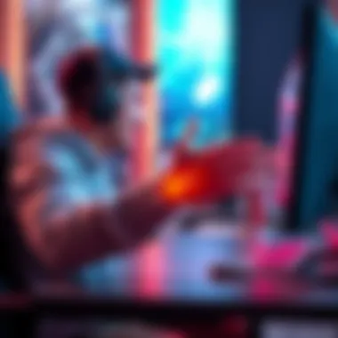 A gamer rubbing their forearm while sitting at a computer, showing signs of discomfort after intense gameplay.