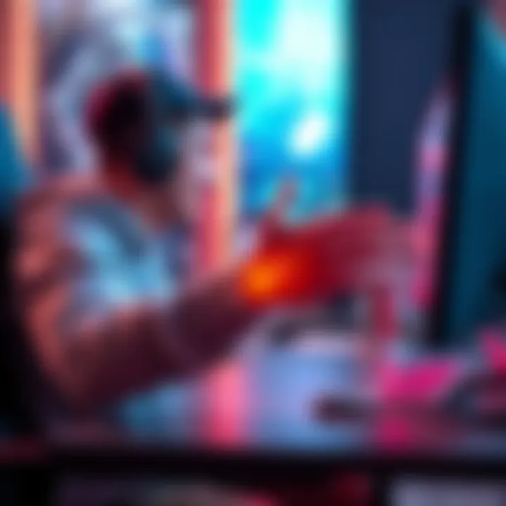 Gamer with forearm pain A gamer rubbing their forearm while sitting at a computer, showing signs of discomfort after intense gameplay.