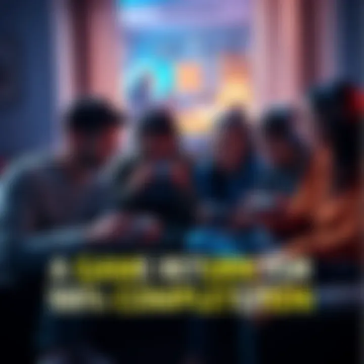 A group of gamers working together on a couch, focused on completing a game, with controllers in hand. The scene shows excitement and teamwork.