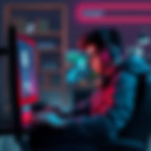 Gamer frustrated with friends A gamer sits at a computer, looking frustrated while playing an extraction shooter game, with chat messages about friends not joining.