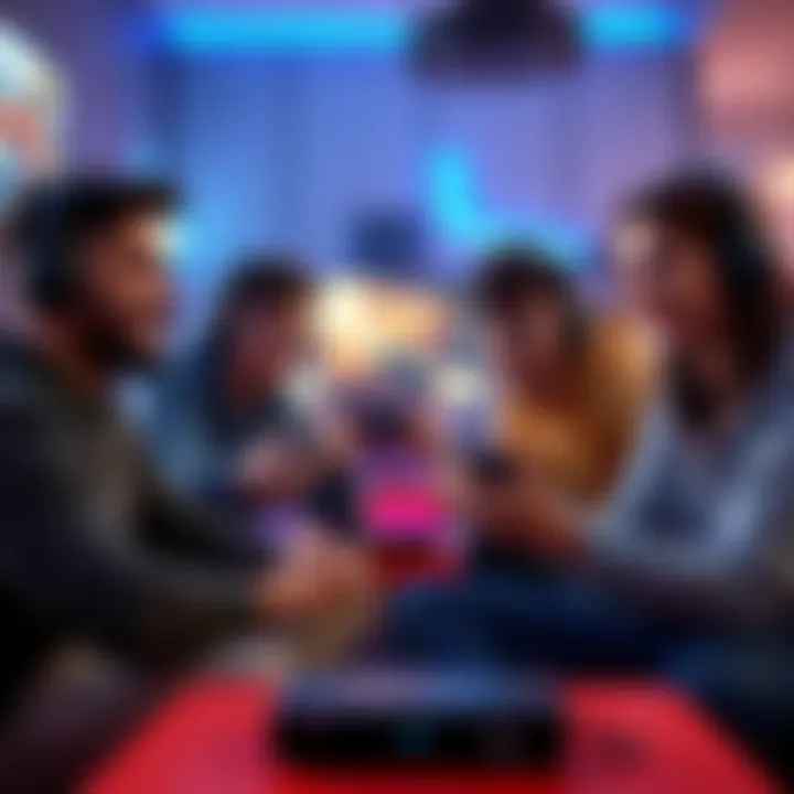A group of relaxed gamers enjoying a gaming session with consoles and screens, focusing on popular games like GTA and Fortnite.