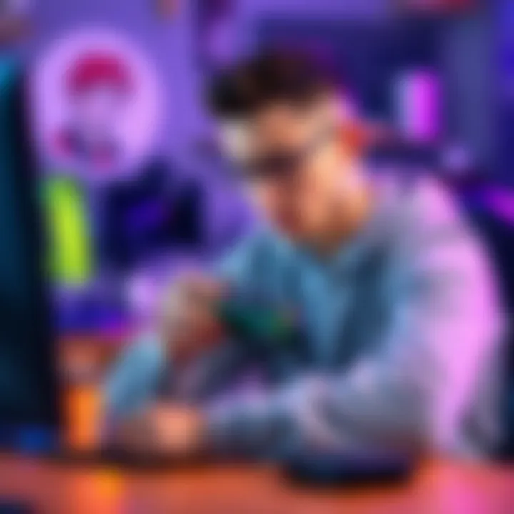 A gamer sitting at a desk, holding a game controller, looking frustrated after receiving a ban for a playful insult.