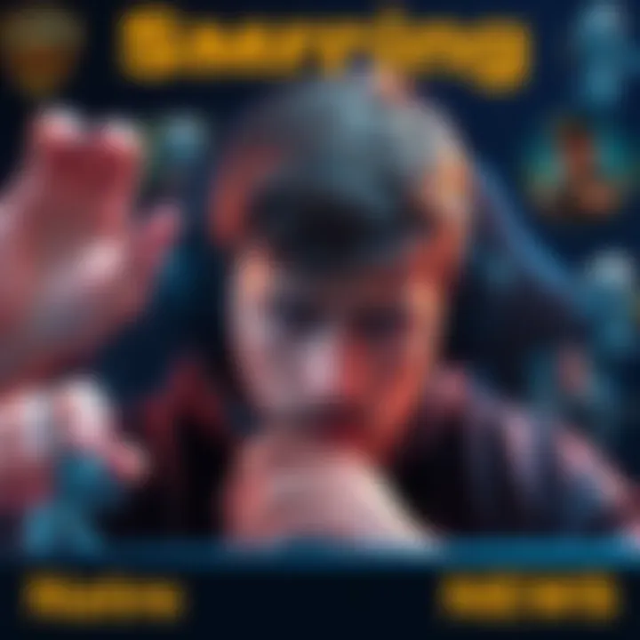 A gamer looks stressed while playing a competitive online game, surrounded by graphics showing intense gameplay and smurfing tactics.