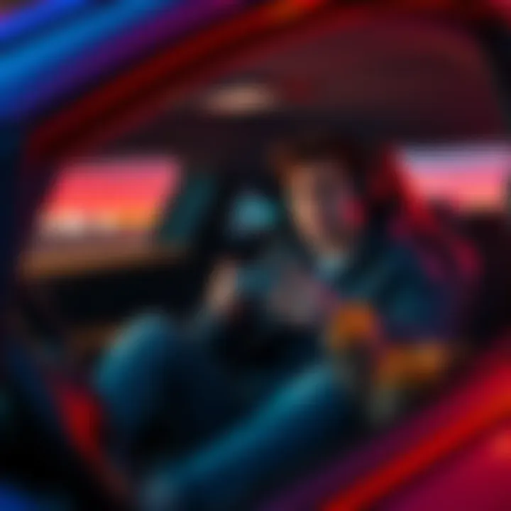 A gamer sitting in their car looking stressed while holding a gaming controller, showing signs of frustration over slow performance, with a takeout bag visible on the passenger seat.