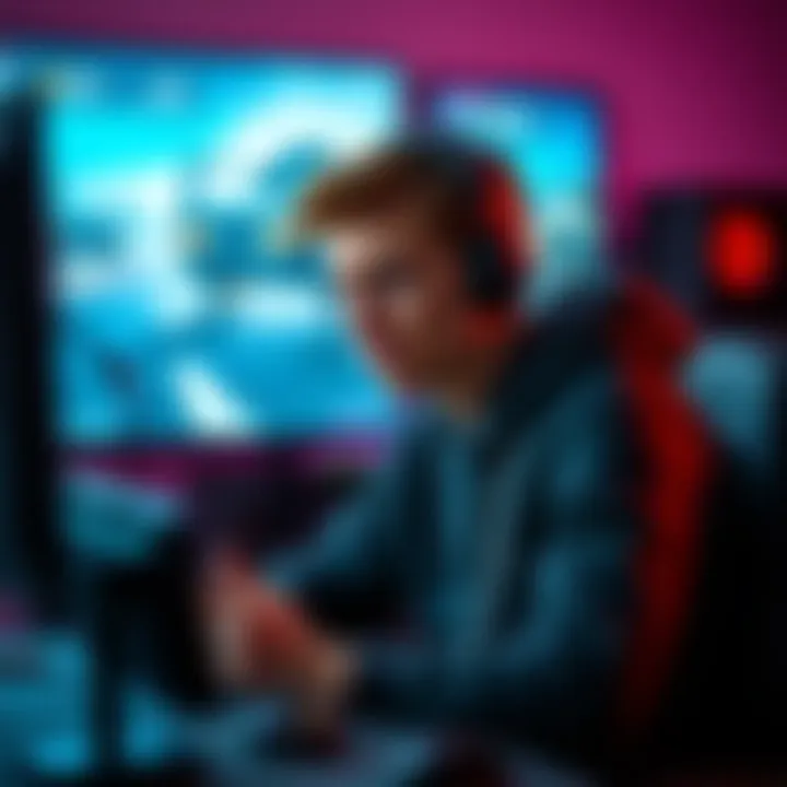 A gamer sitting in front of a gaming console, appearing frustrated and disinterested while playing a game, with high-end graphics on the screen in the background.