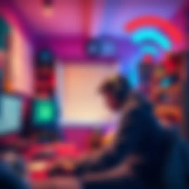 Gamer frustrated with slow WiFi A gamer in a dorm room looks frustrated while staring at his Xbox, which shows a large update. The room is cluttered with gaming gear and a laptop. WiFi symbol indicates a weak connection.