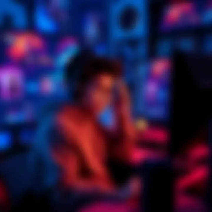 Gamer frustrated in a healing versus killer debate A gamer sits at a computer, looking frustrated after a match, with colorful gaming graphics on screen. Nearby is a chat window filled with discussion about healing and killer strategies in the game.