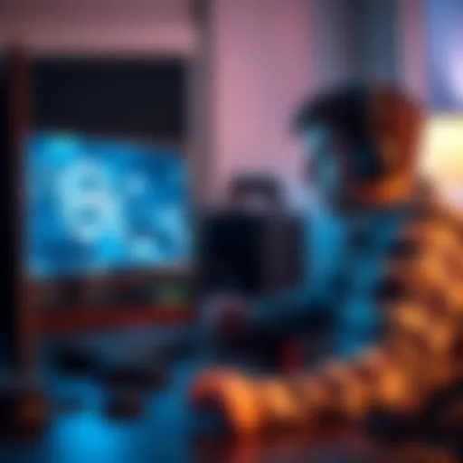 A gamer sitting at a desk, showing frustration while playing a video game, with a slow internet connection symbol displayed on the screen.