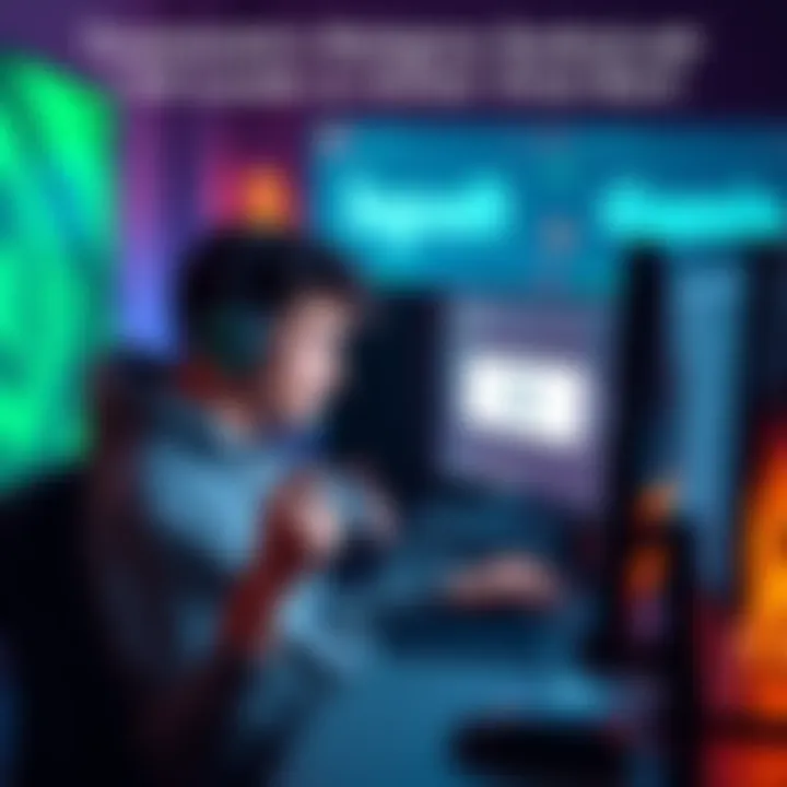 A gamer sitting at a computer, looking upset while reading a chat ban notification, with a game controller in hand.