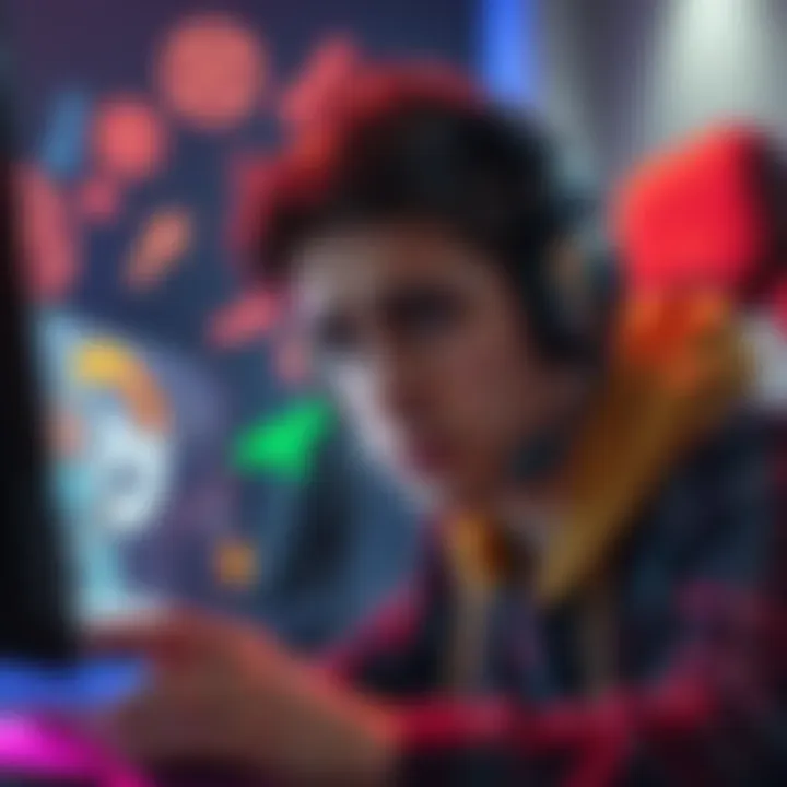 Gamer feeling frustrated while playing Overwatch A gamer with a headset looks upset while playing Overwatch, symbols of negativity appear on the screen.