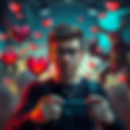 A gamer looks frustrated while playing a video game, surrounded by game elements like hearts and creatures, representing common gaming clichés.