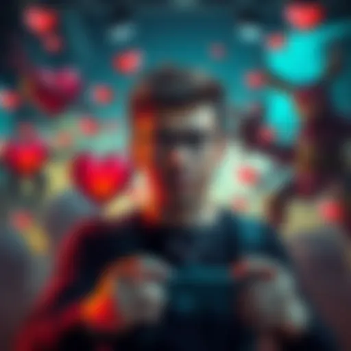 Gamer frustrated by video game tropes A gamer looks frustrated while playing a video game, surrounded by game elements like hearts and creatures, representing common gaming clichรฉs.