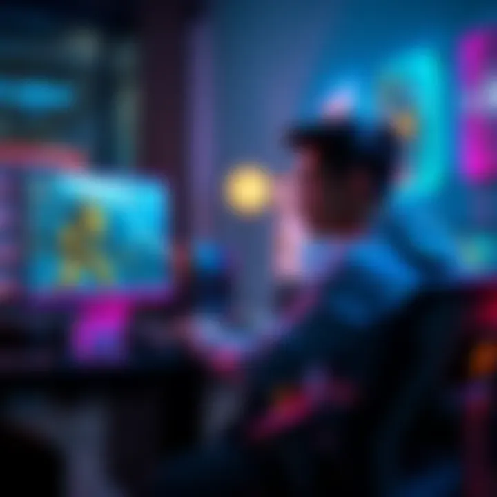 A gamer sitting at a computer, visibly frustrated while playing a first-person shooter game, showing high ping on the screen
