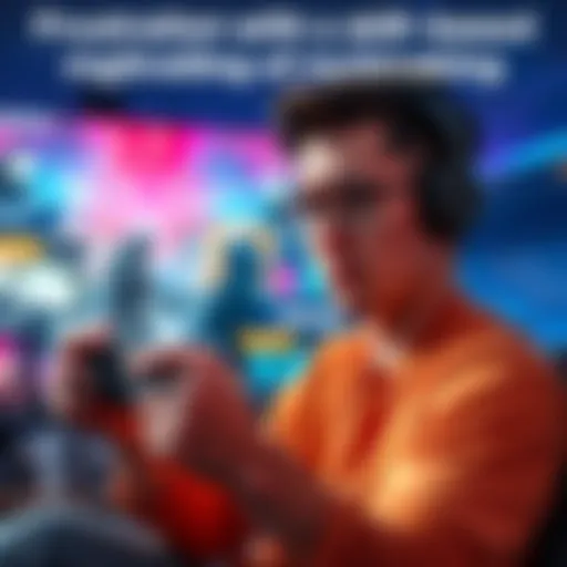 A casual gamer with a controller looking frustrated while playing a game, showing a screen with higher-ranked players in a matchmaking lobby.