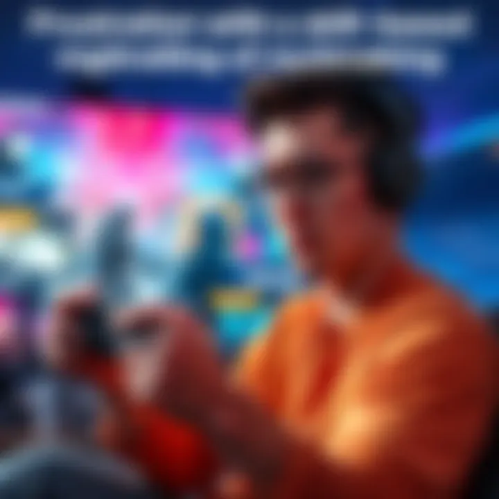 A casual gamer with a controller looking frustrated while playing a game, showing a screen with higher-ranked players in a matchmaking lobby.