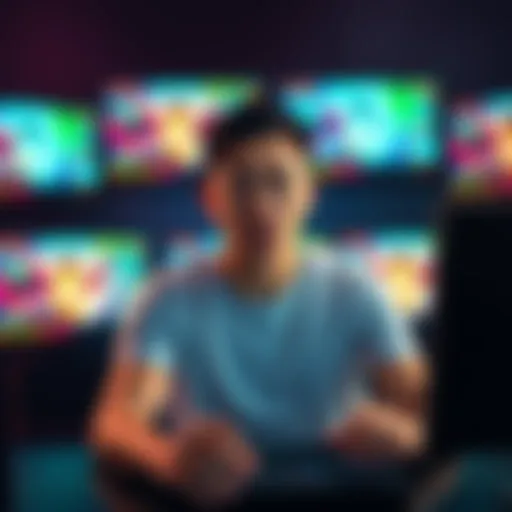 A gamer sitting in front of a computer, looking disappointed after failing to achieve a foil background, with multiple game screens showing failed attempts in the background.