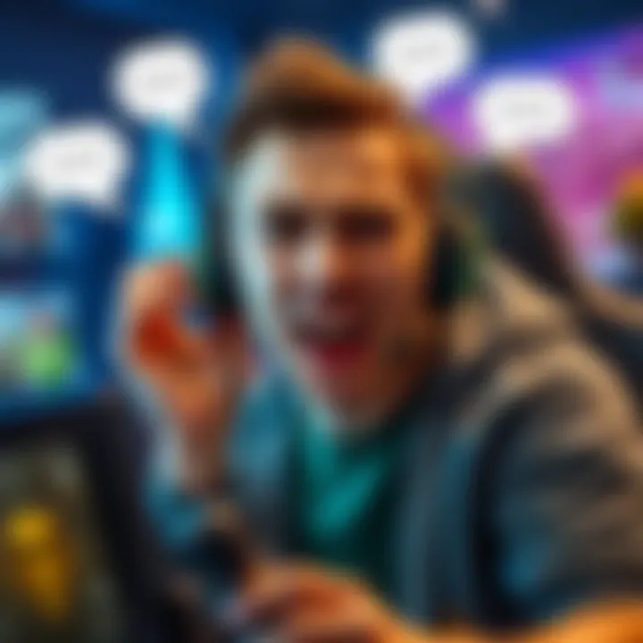 A gamer showing frustration while playing, surrounded by game graphics and chat bubbles representing teamwork issues