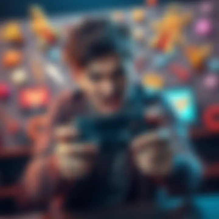 Gamer Frustration A gamer holding a controller with a frustrated expression, almost ready to throw it, surrounded by virtual loot items on the screen.