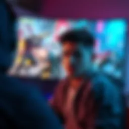 A player looking distressed while playing a team-based video game, with characters on the screen showing a chaotic battle scene in the background.