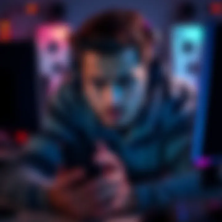 A gamer showing frustration while gaming, with a focused expression and a controller in hand, surrounded by gaming setup equipment.