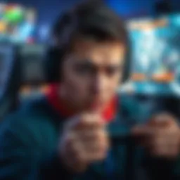 A gamer looks disappointed while playing video games, with a focus on the screen showing a losing game scenario. The player holds a controller tightly, expressing frustration over their losing streak.