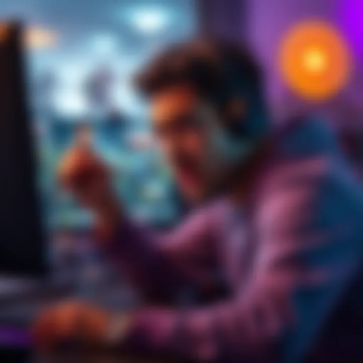 Gamer Frustrated with Camping A frustrated gamer sitting in front of a computer, expressing their annoyance with constant camping in a game, with game graphics on the screen.