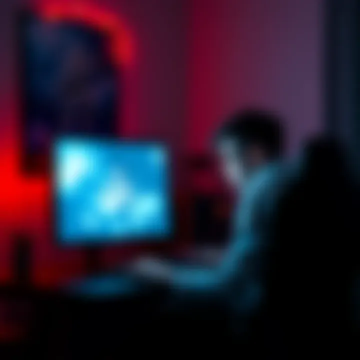 Gamer frustrated by connection issues A gamer sits at a computer, looking frustrated as a loading screen is stuck. Competitive game elements are visible on the screen, indicating a season ban. The room is dimly lit, highlighting the compu...
