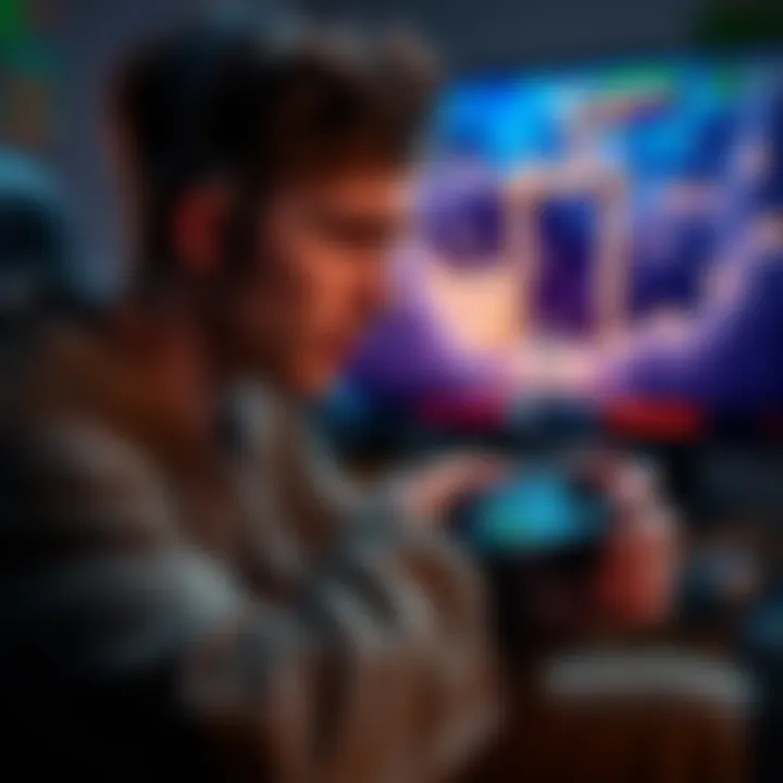 A gamer showing frustration while holding a video game controller, sitting in front of a screen displaying a challenging game level.