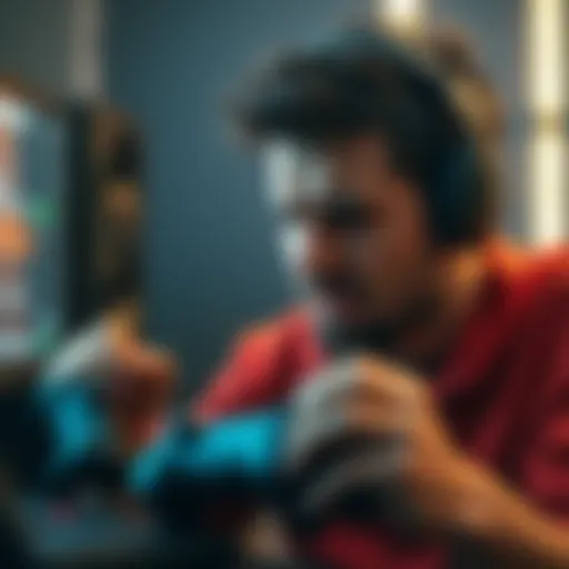 A gamer shows frustration while playing, with life bar on screen and varying weapon levels displayed
