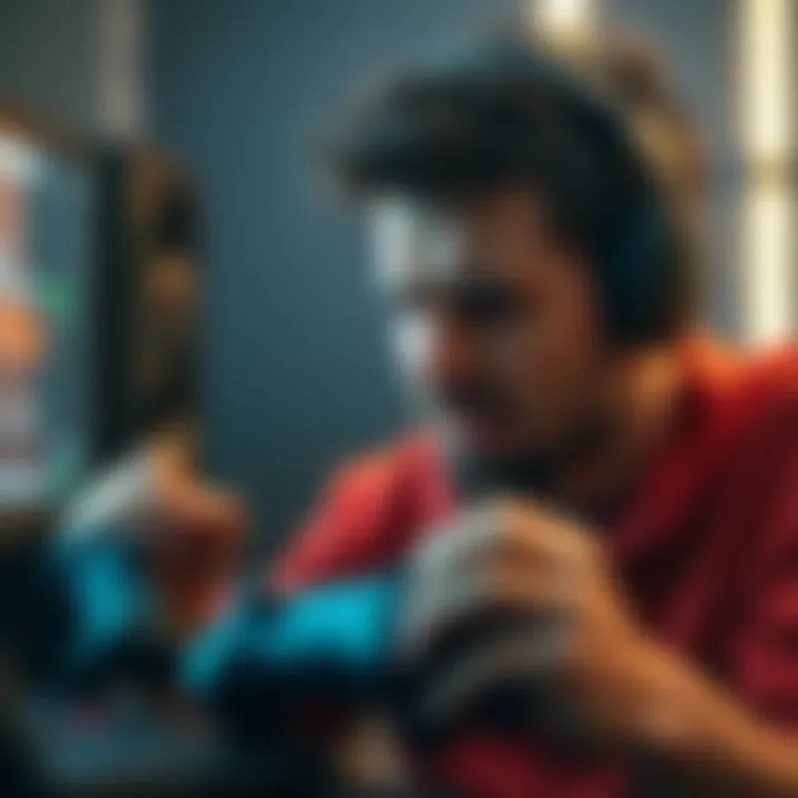 A gamer shows frustration while playing, with life bar on screen and varying weapon levels displayed