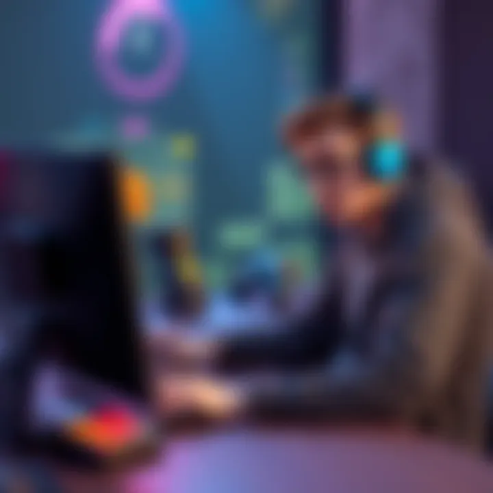 A gamer sitting at a computer, looking unhappy with the limited outfit options in a game, showcasing a variety of preset clothing styles on the screen