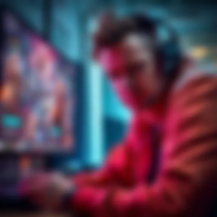 A gamer with a focused expression struggles to improve in PvP while balancing work and family. The screen shows intense gameplay with skill gaps highlighted.