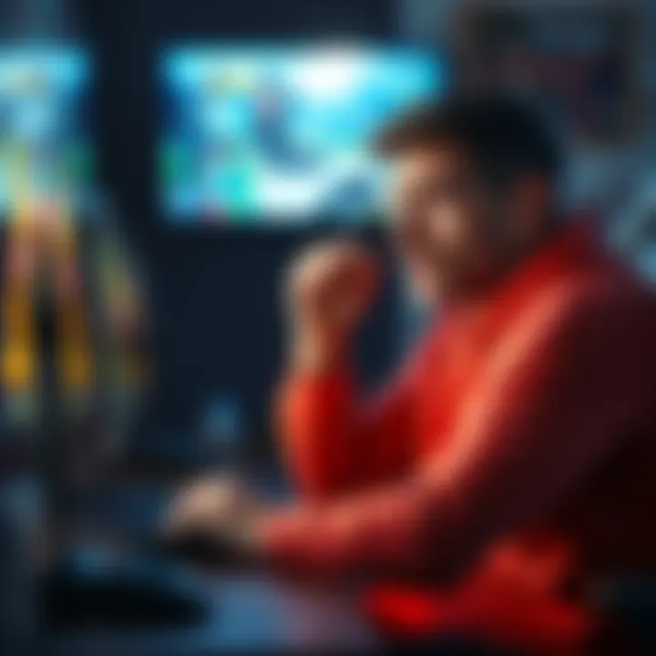 A gamer sitting in front of a computer, showing disappointment after a challenging gaming session, with the game displayed on the screen. The room is dimly lit, adding to the mood of frustration.