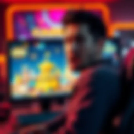 A gamer expressing frustration in front of a computer screen depicting a space casino scene