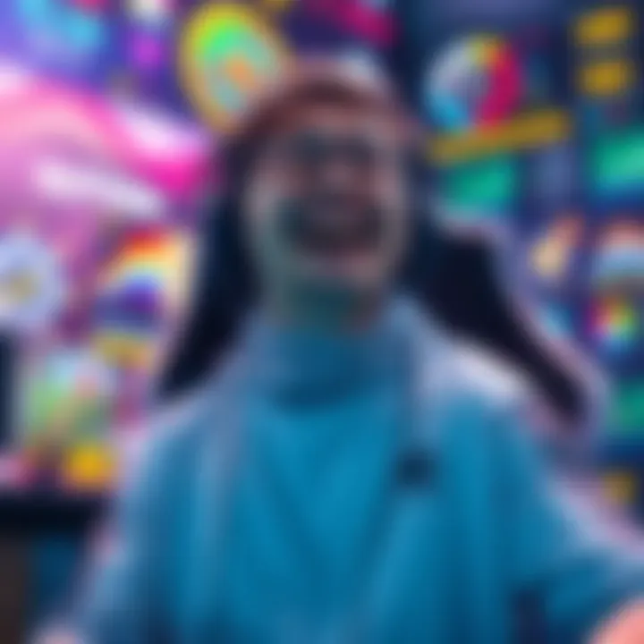 A gamer with a joyful expression after achieving full slotted LD during an intense 72-minute match, surrounded by on-screen game elements and stats