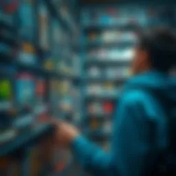 A gamer looking at a shelf filled with various video games, contemplating which game to play next from their backlog