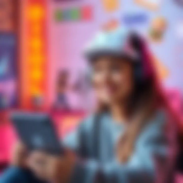 A 17-year-old girl smiling while chatting on Discord with gaming icons like Sims, Roblox, and Minecraft in the background